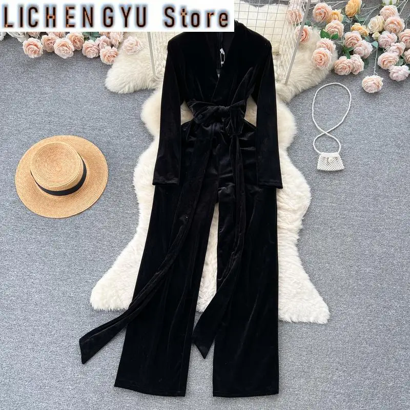 New Elegant Style Chic Jumpsuit Women V-neck Velvet Bandage High Waist Solid Color Jumpsuit Winter Spring