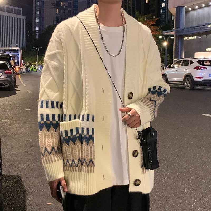 

Loose Men's Knitted Cardigan Spring Autumn Sle American Retro Lazy Faion V-Ne Long Sve Casual Wear Outerwear Coat