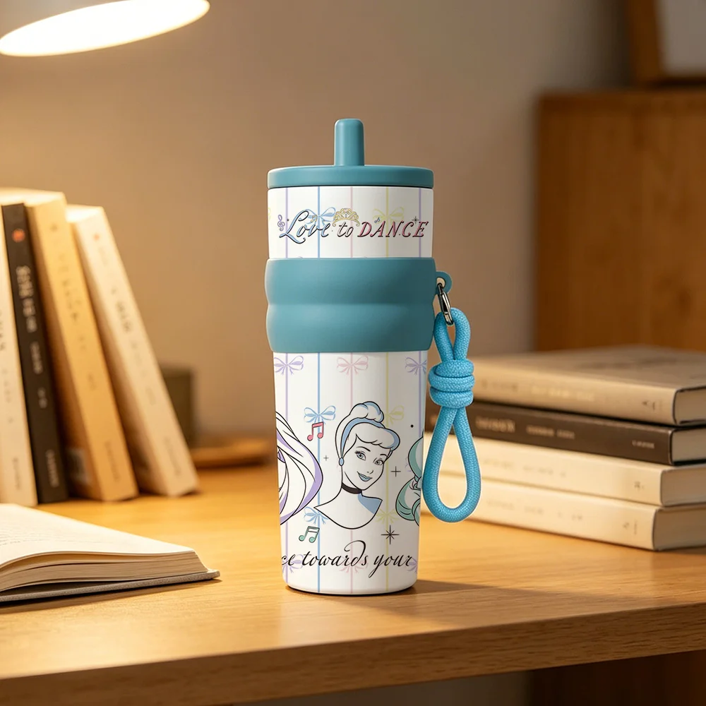 1pc 25oz Disney Princess Stainless Steel Tumbler Insulated Travel Mug with Straw Hanging Rope Portable Cup for Office Outdoor view 6