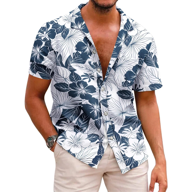 Camicia da uomo modello stampato risvolto estivo a righe a maniche corte hawaiano vacanza quotidiana traspirante casual e confortevole