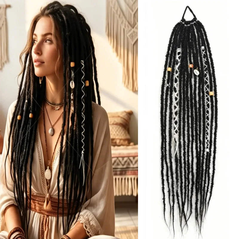 Bohemian Dreadlock Ponytail With Shell Wooden Beads Synthetic Hippie Viking Braided Dreads Hair Extension Festival Hair Accessor