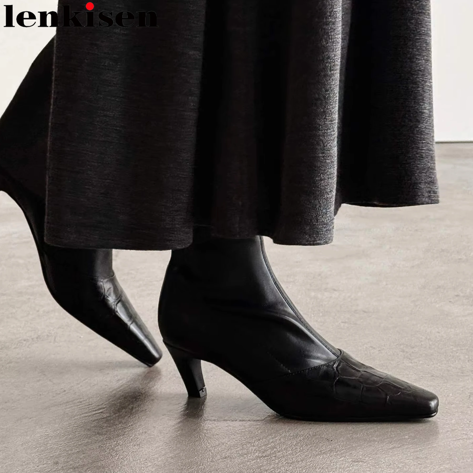 

Cow Skin High Heels Square Toe Retro Print Modern Stretch Boots Winter Autumn Shoes Wedding Party Dating Sweet Women Ankle Boots