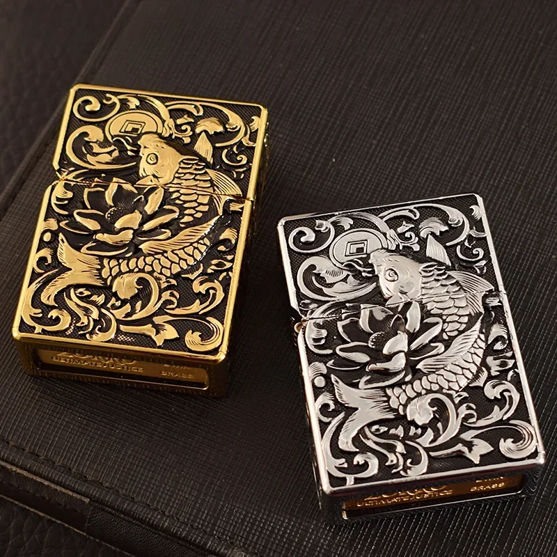 ZORRO Armor Embossed Carp Kerosene Lighter Brass Material Retro Grinding Wheel Men\'s Gift Collection Smoking Accessories