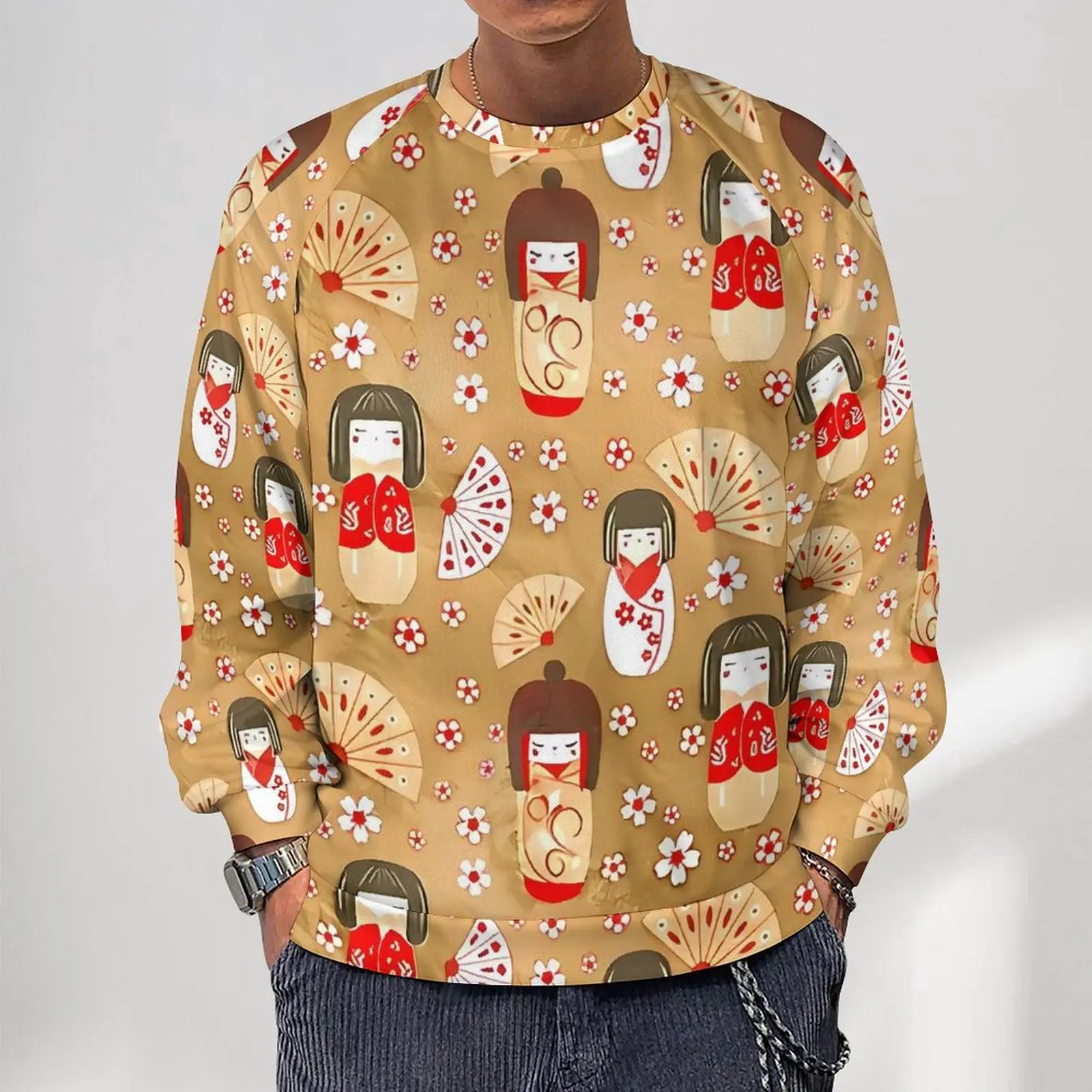 

Kawaii Japanese Dolls Streetwear Hoodies Winter Kokeshi Pattern Outerwear Sweatshirts Men Kawaii Graphic Oversized Hoodie