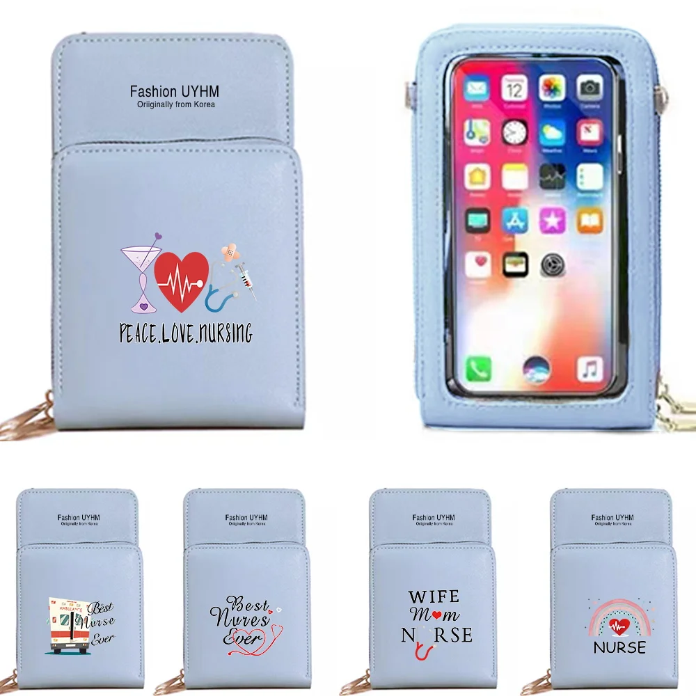Women Shoulder Bag Pu Leather Wallets Card Pack Touch Screen Mobile Phone Bags Female Purse Nurse Print Zipper Money Bag Handbag