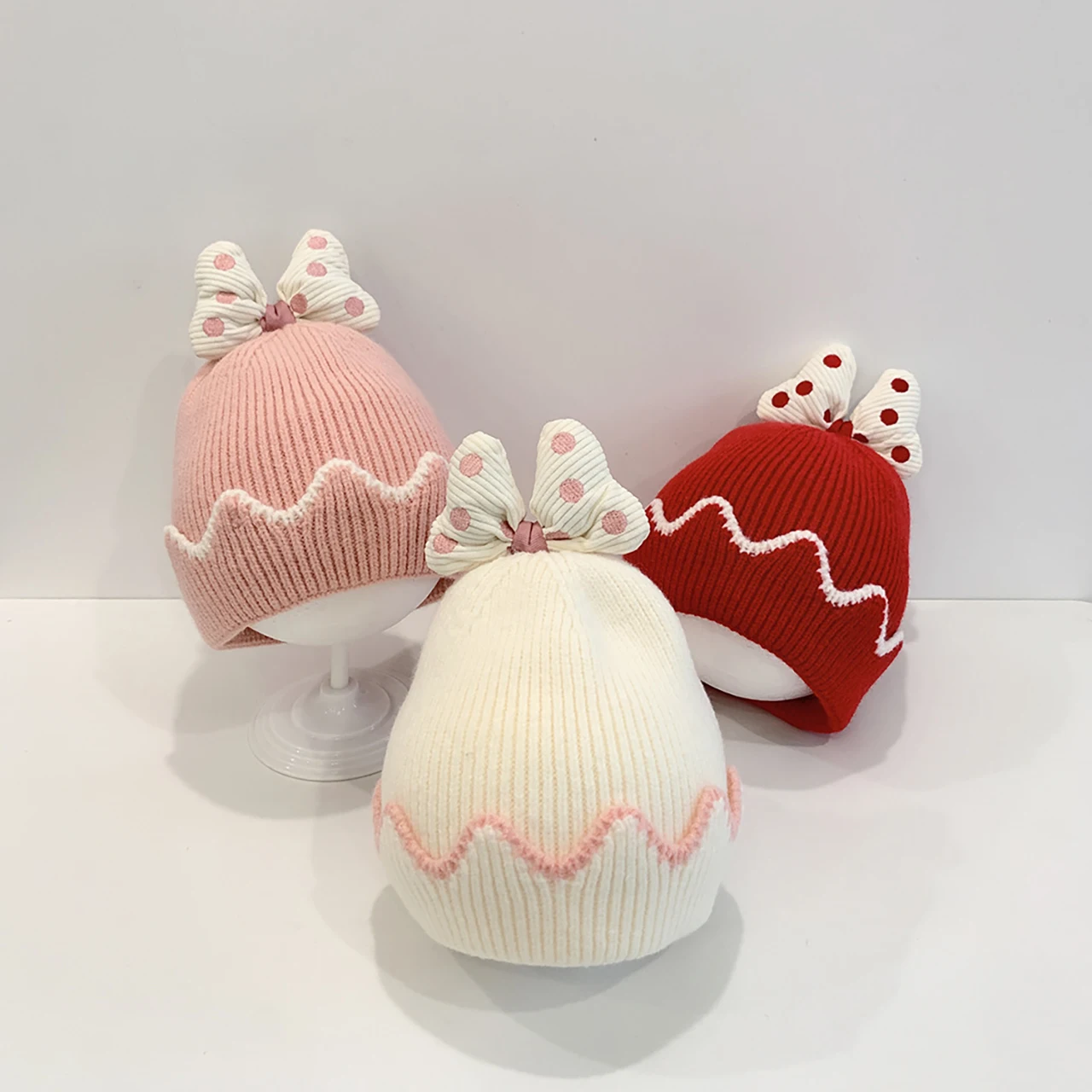 

Thick Warm Girl Beanie Polka Dot Bow Baby Knitted Hat Princess Kids Ear Protection Cap 6-36Month Children Woolen Pullover Caps