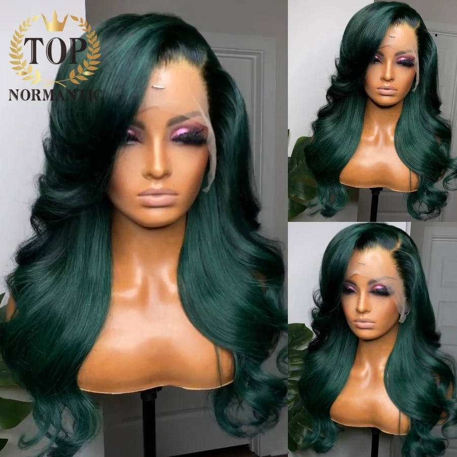 Topnormantic-cor verde Lace Front perucas para mulheres, cabelo humano brasileiro Remy, peruca solta, linha fina pré-arrancada, fechamento 4x4, 13x6