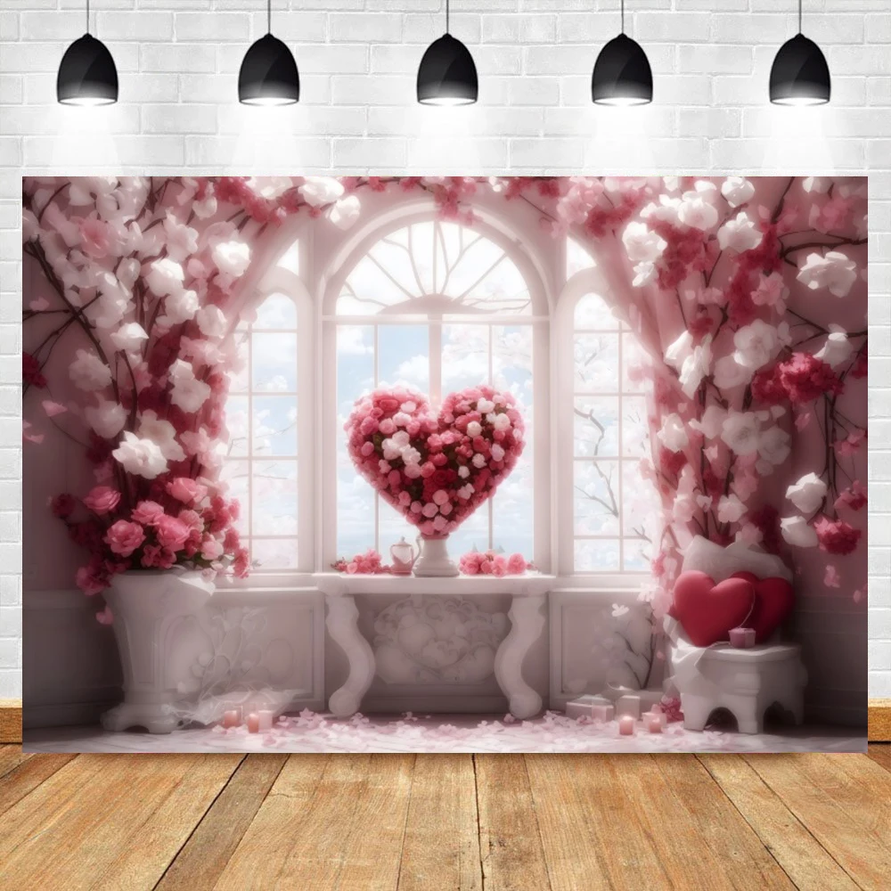 Pink Flowers Garden Arched Floor-To-Ceiling Windows Valentine\'s Day Photography Background Baby Girls Portrait Indoor Backdrop