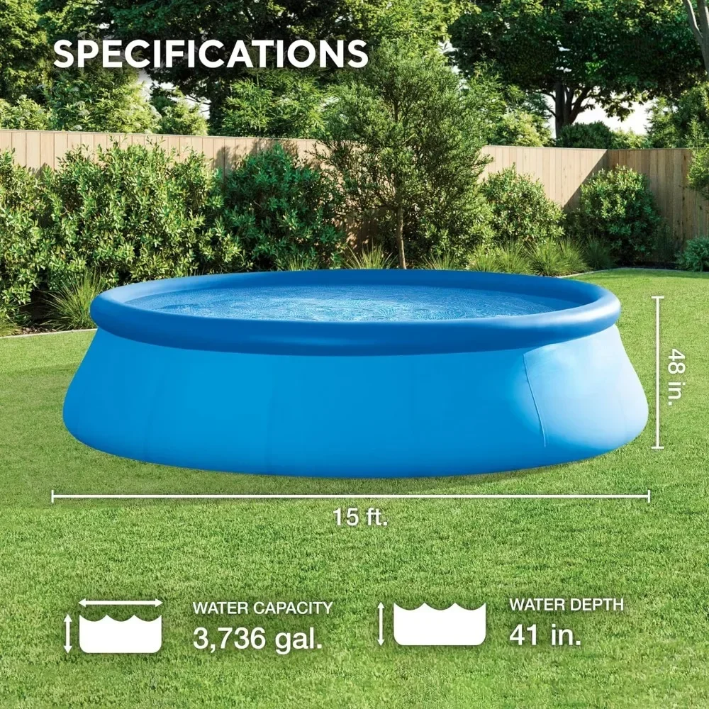 15 foot circular inflatable outdoor backyard home swimming pool with ladder and water pump for children and adults, blue