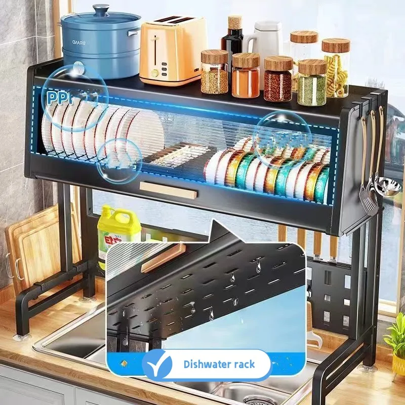 Cabinet door dust-proof sink frame can be retractable vertical kitchen row dish rack two layers drain storage rack