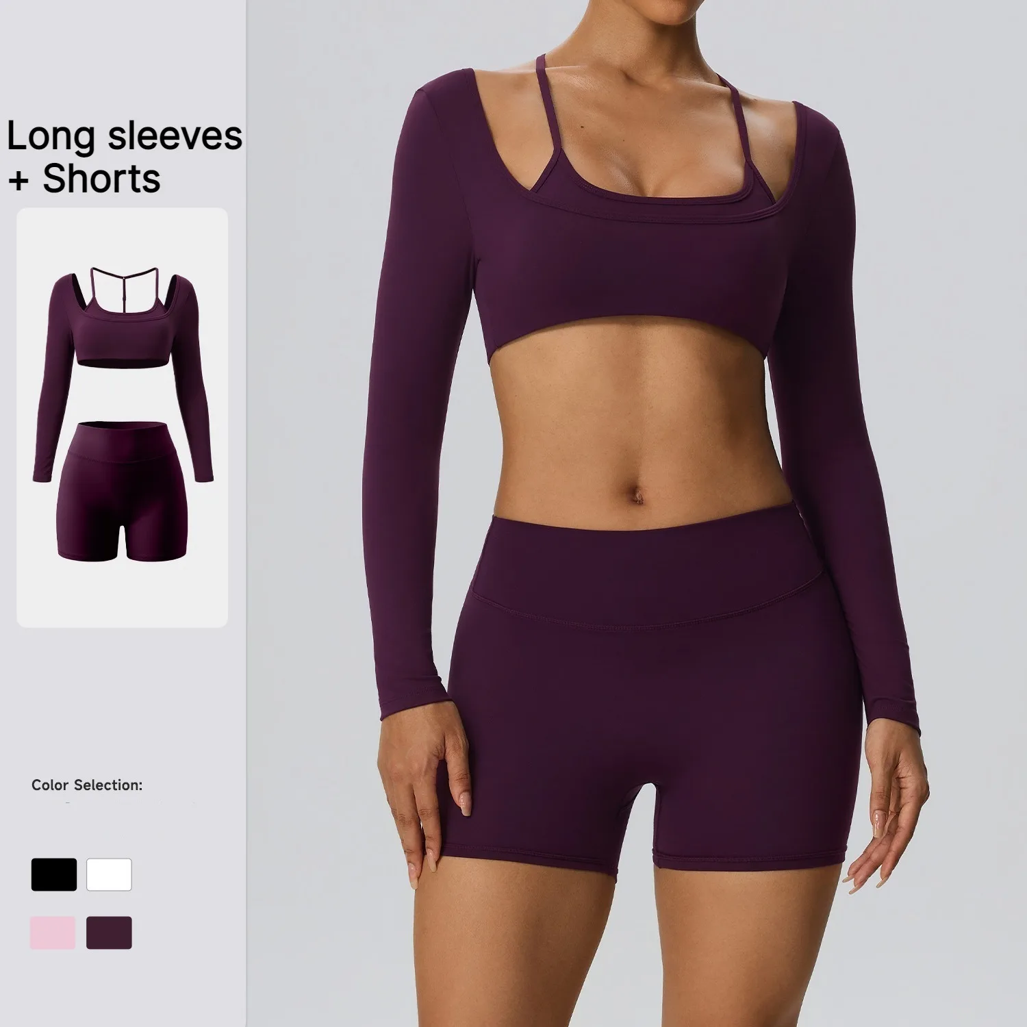 Women Yoga 2Pcs Outfit Long Sleeve Butt Lifting Shorts Quick Dry Double Brushed Gym Suit