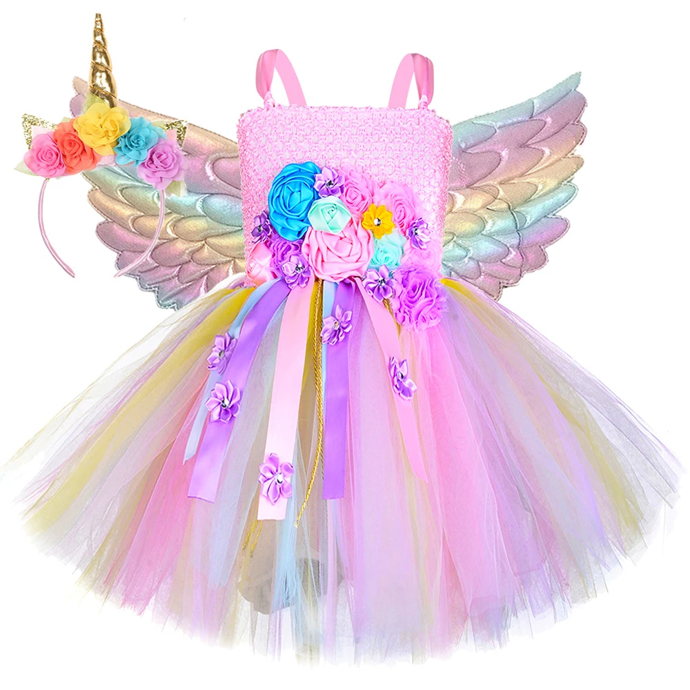 Pastel Flowers Unicorn Costumes for Girls Birthday Party Ballet Tutus Outfit Kids Christmas Princess Dresses with Wings Hairbow