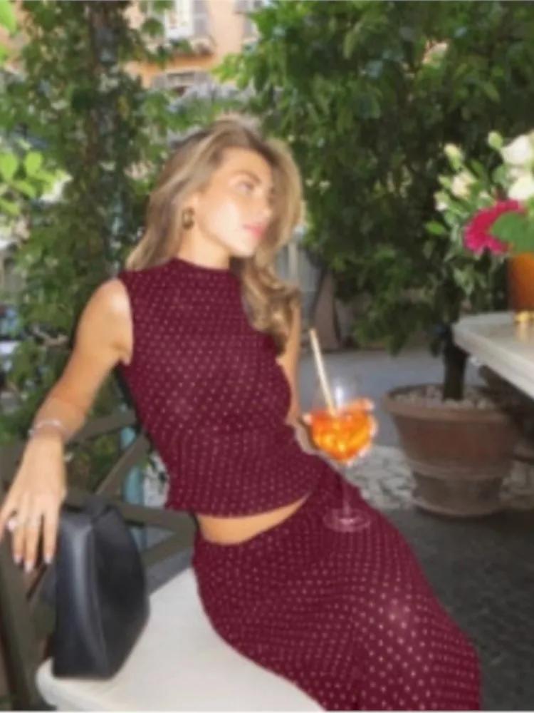 Stile semplice Nuovo in set coordinati Set vintage da 2 pezzi per donna Completi a due pezzi Temperamento francese Slim a pois senza maniche