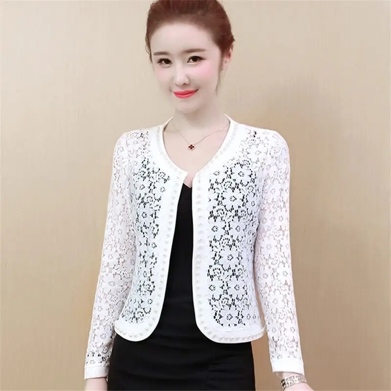 Women\'s Lace Top Sun Protection Short Jacket Spring and Summer Lace Cardigan Korean Thin Plus Size Bead Hollow Out Small Shawl