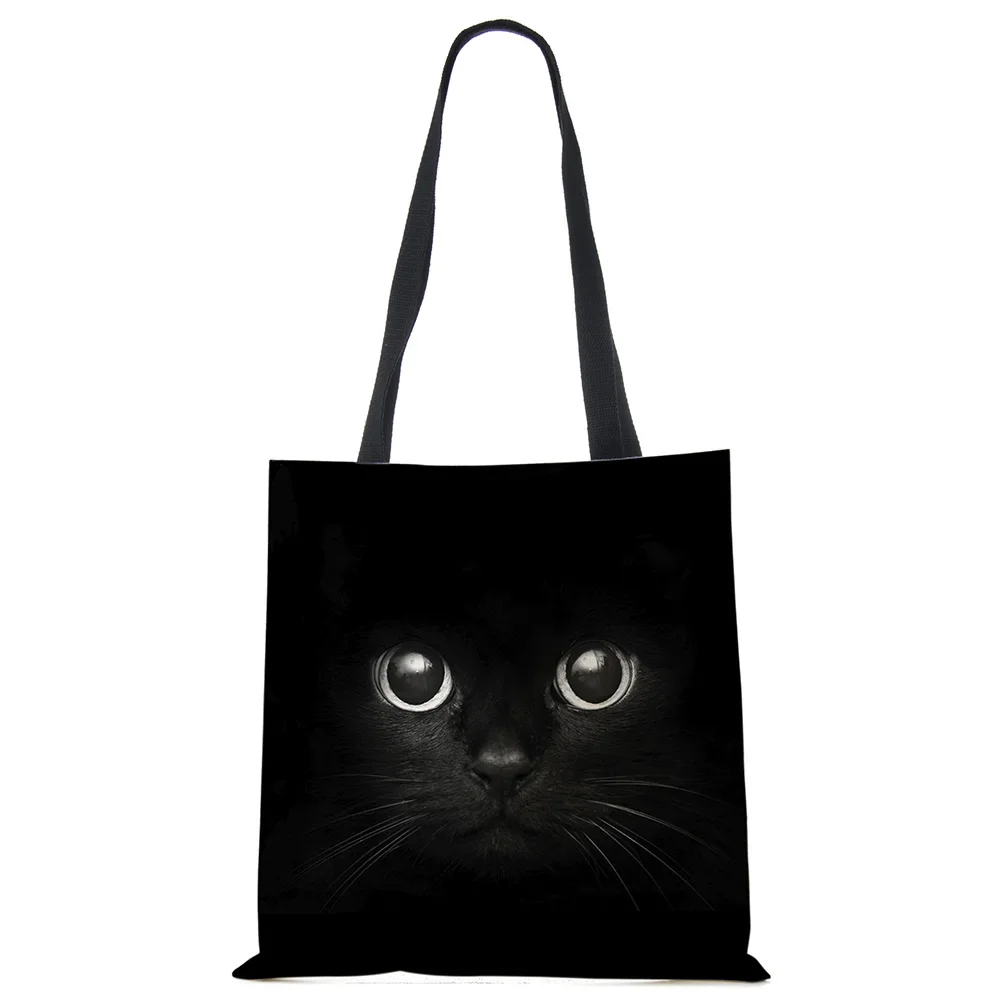 1pc Dame Designer Tragetaschen Schwarze Katze Gedruckt Leinen Stoff Eco Handtasche Einkaufen Büro Wiederverwendbare Casual Schulter Tasche