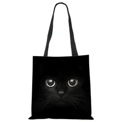 1pc Lady Designer Tote Bags Black Cat Printed Linen Fabric Eco Handbag Shopping Office Reusable Casual Shoulder Bag