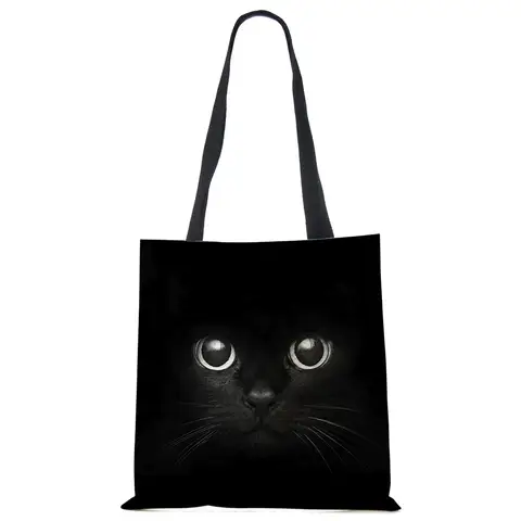 1pc Lady Designer Tote Bags Black Cat Printed Linen Fabric Eco Handbag Shopping Office Reusable Casual Shoulder Bag