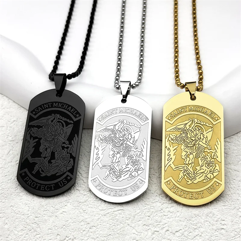 SAINT MICHAEL PROTECT US Archangel Stainless Steel Dog Tag Car Pendant  for Women Men Gold Color Bead Chain Jewelry Ornaments view 5