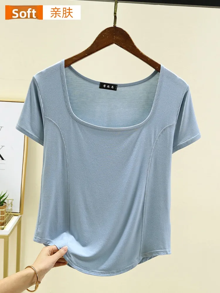 Slim Fit Kleur Modaal Vierkante Kraag T-shirt Dames Zomer Nieuwe Sle Thin Ort Sve Base Irt Faion Dames T-shirt