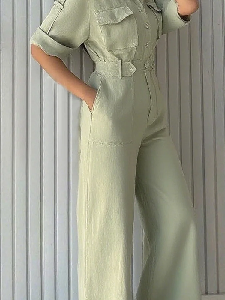 

Summer Elgegant Short Sleeve Slim Playsuit Overalls Chic Lapel Pocket Button Romper Fashion New Solid Color High Waist Jumpsuits