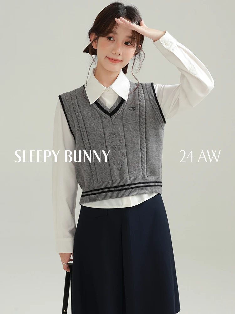 Preppy Style Outfit Contrast Knit Vest with Pointed Collar Loose Shirt and High Waist Skirt Casual Slimming Two Piece Set Women