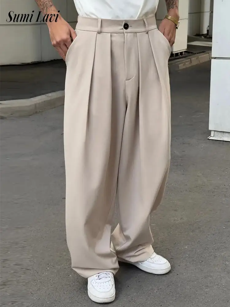 

Vintage Solid Color Pleated Trousers Mens Spring Autumn New Casual Loose Straight Waist Pants Men Daily Leisure Draped Pants