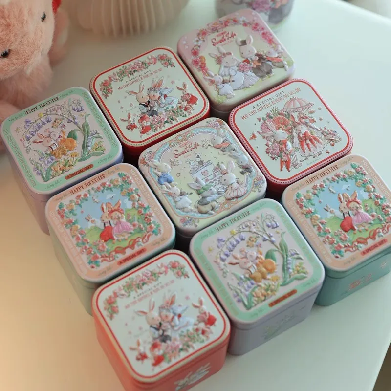 صندوق قصدير مطبوع عليه أرنب كرتوني، صندوق تخزين مربع للوجبات الخفيفة، منظم الحلوى، ديكور المنزل، صندوق معدني قابل للتجميع، هدايا الزفاف #4