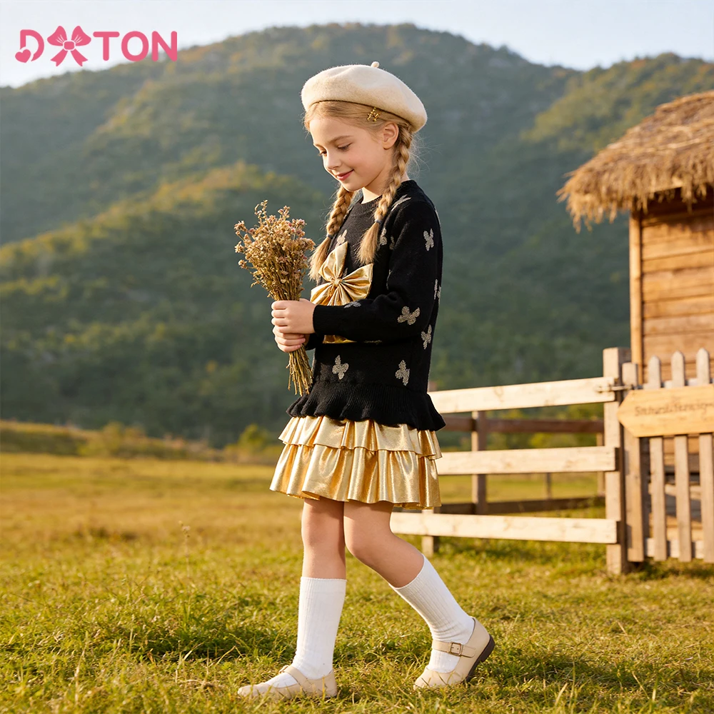 DXTON Children Knitted Dresses Winter Thicken Kids Girls Bow Layer Clothing Black Golden Patchwork Knitting Girls Sweater Dress