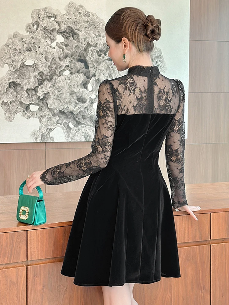 وهمية 2 قطعة الأسود مساء ملابس حريمي الدانتيل شير مثير كم طويل سليم ألف خط فستان قصير أنيق سيدة حفلة عيد ميلاد Vestido
