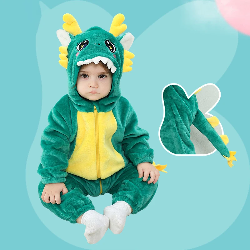 2024 New Cartoon Chinese Dragon Baby Rompers Winter Hooded Flannel Toddler Infant Clothes Bodysuits Jumpsuit Costume Halloween