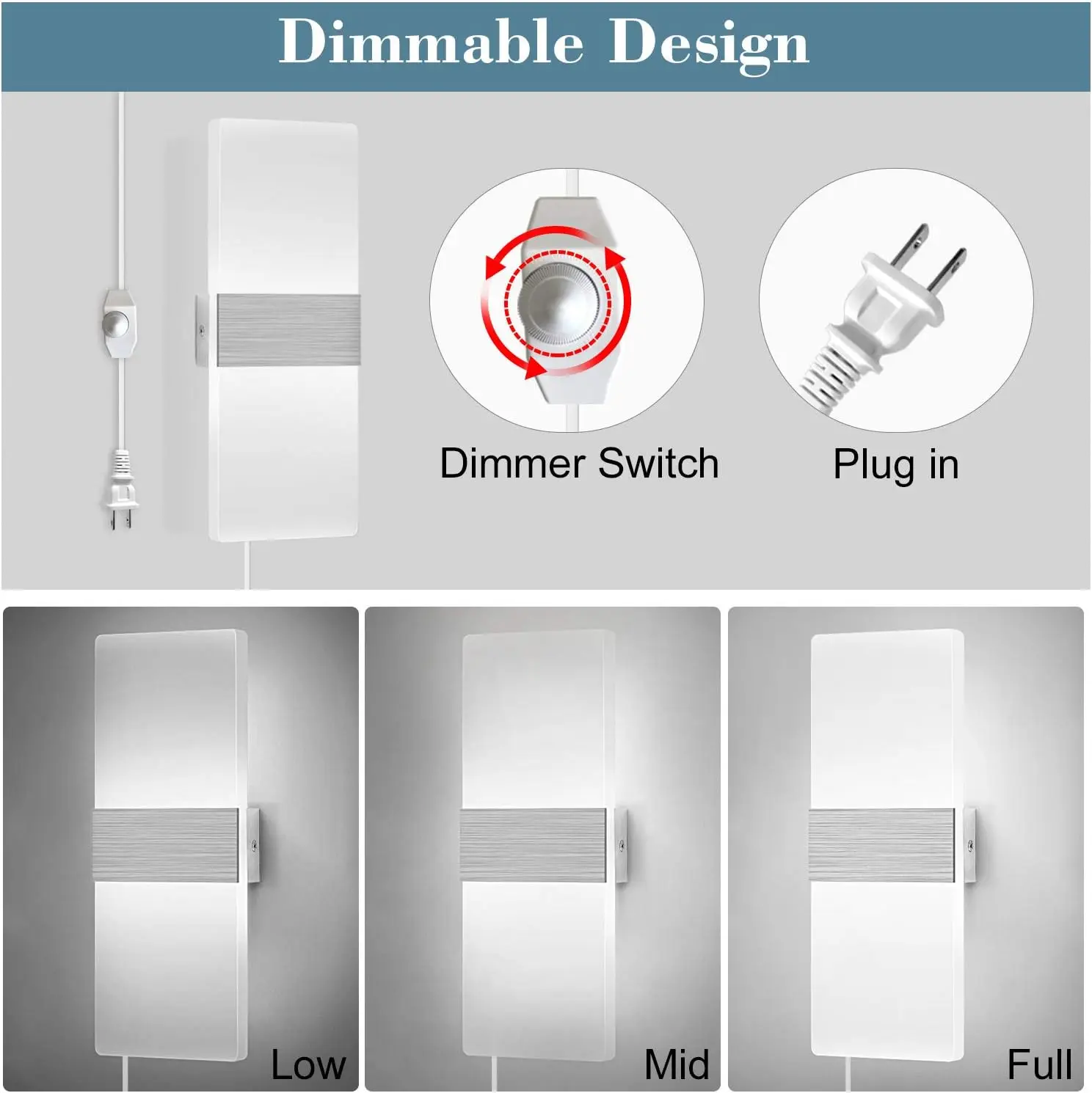 Lightess Dimmable Wall Sconces Plug in Set of 2, Modern Lamp 12W Acrylic LED Light Fixture for Living Room Bedroom Corridor