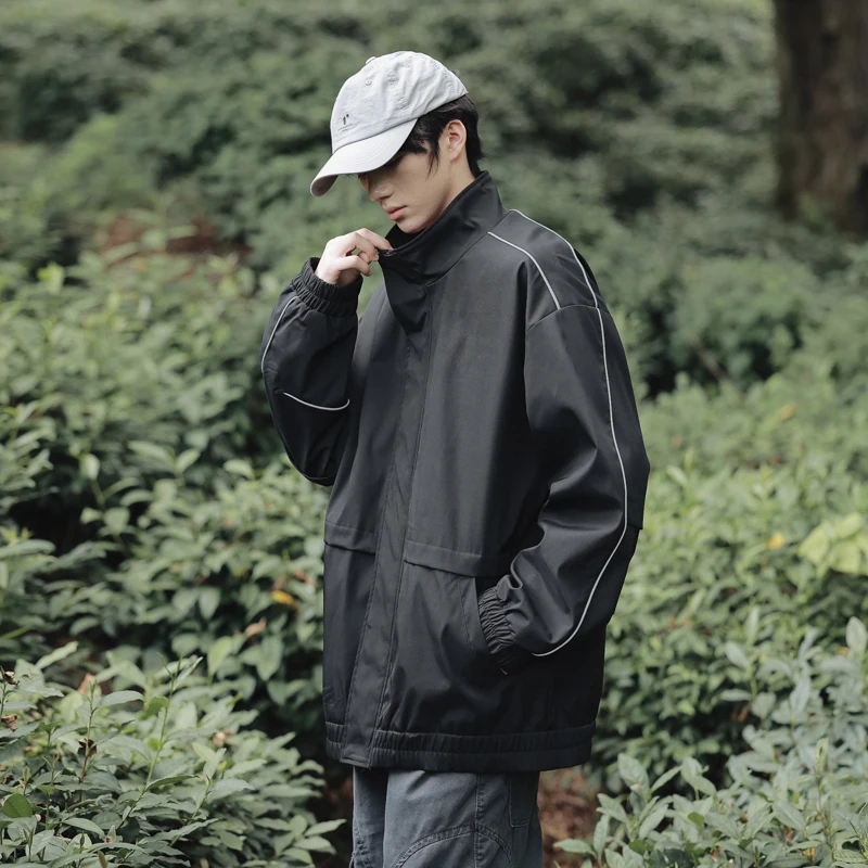 

Retro Japanese Sle y Jaet Men's Spring Autumn Loose Fit Stand Collar Outdoor Soft ell Workwear Coat Youth Faion