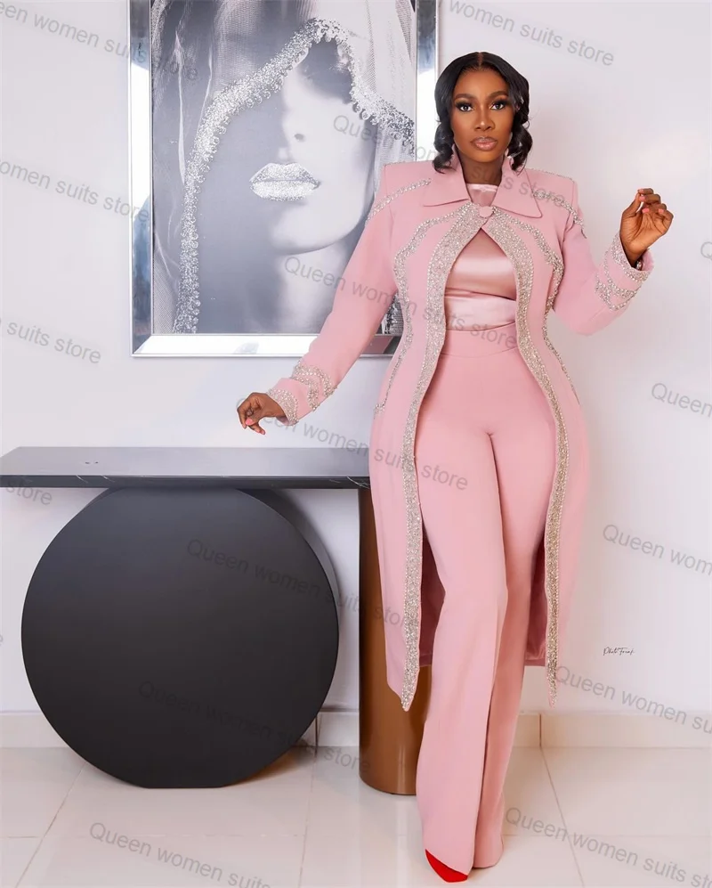 

Pink Women Suit Pants Set 2 Piece Long Blazer+Trousers Crystals Autumn Formal Office Lady Jacket Coat Wedding Tuxedo Custom Made