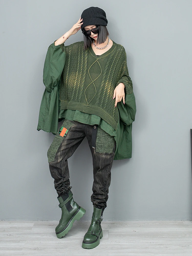 [EAM] Green Irregular Big Size Knitting Sweater V-Neck Long Sleeve Women Pullovers New Fashion Spring Autumn 2024 1DH5268