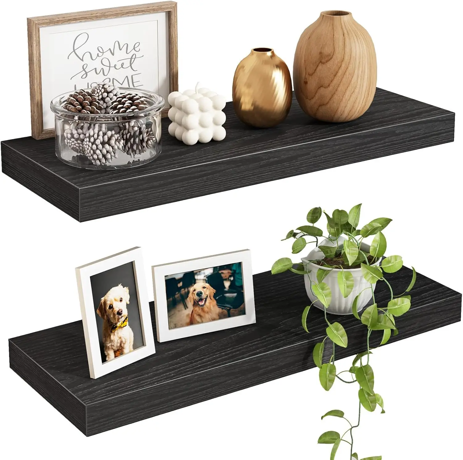 

15.7" Wood Wall Shelves Set of 2 - Black Floating Shelves for Living Room, Bedroom, Bathroom, Kitchen Storage & Decor