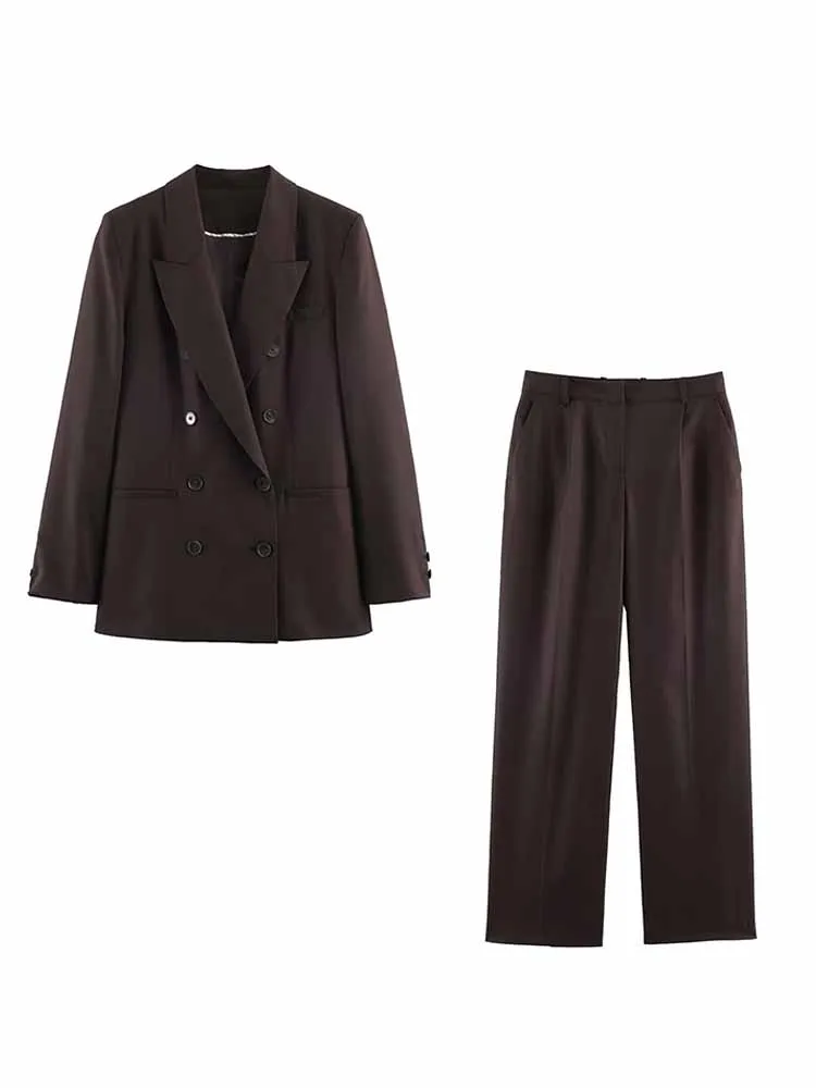 

HH Woman Spring Fashion Comfortable Long Sleeves Double Breasted Blazer+Zipper Trousers Female Casual Commuting Two Piece Set