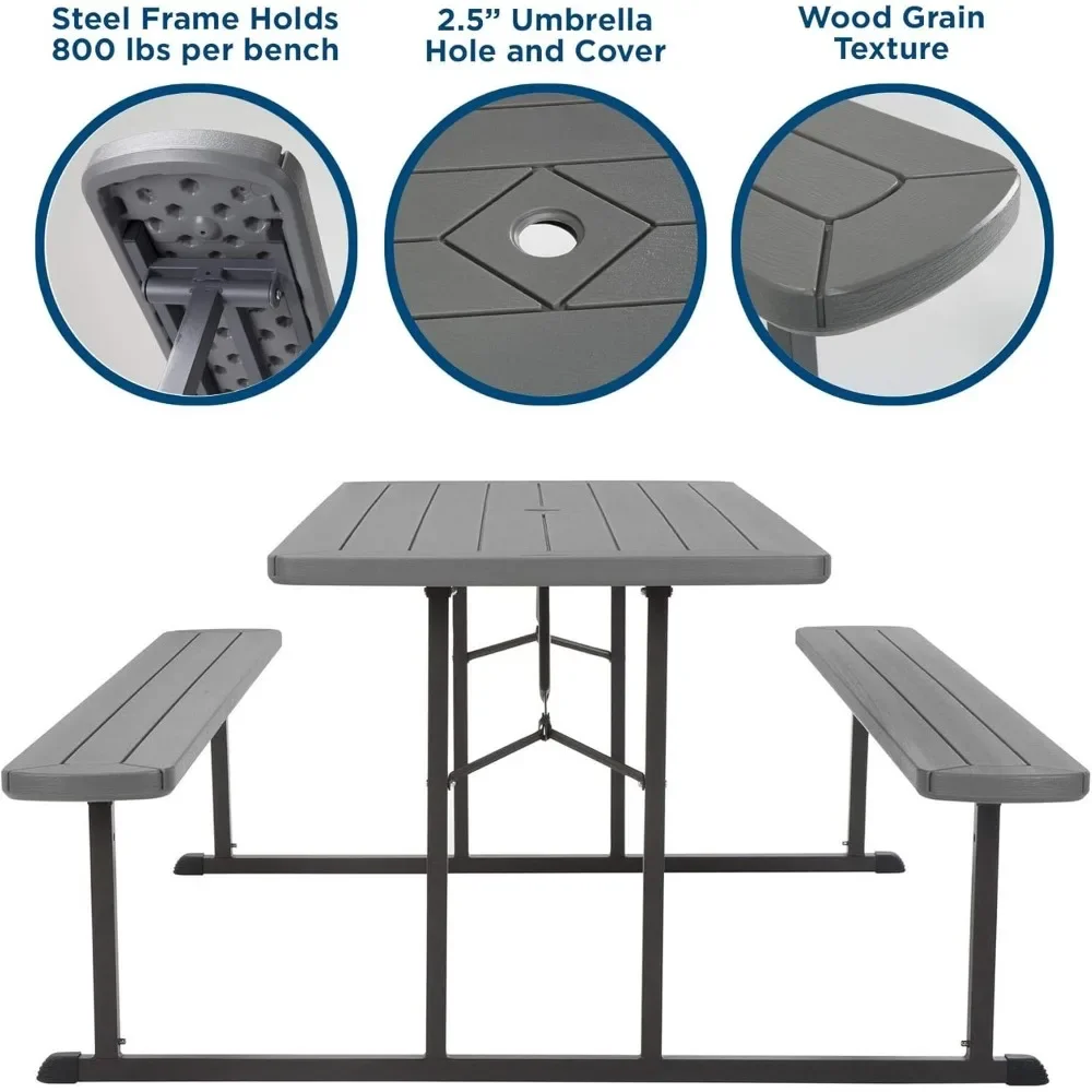 Outdoor Living 6 ft. Folding Picnic Table, Dark Gray Wood Grain Resin with Gray Steel Legs