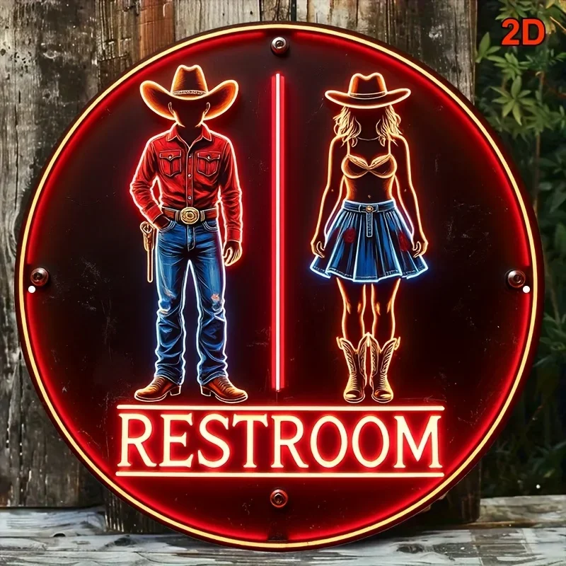A 2D plane - a wooden retro cowboy-themed restroom sign. This circular decorative plaque,