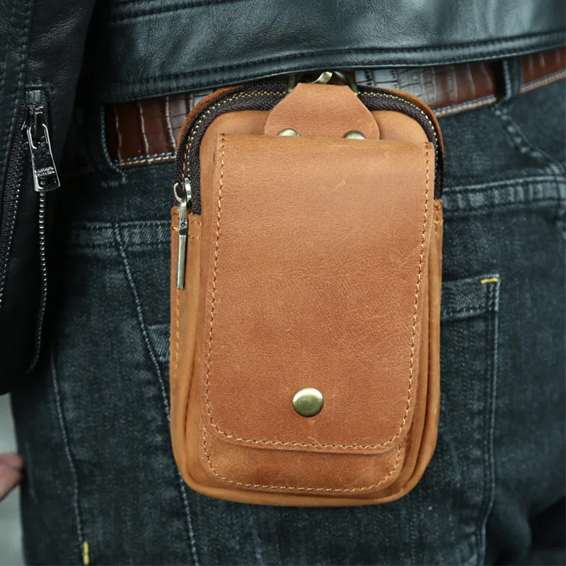 

Men Waist Bags Wallets through the belt Hardware Clasp First Layer Genuine Cow Leather Phone Purse Outdoor Zipper Retro Hang Bag