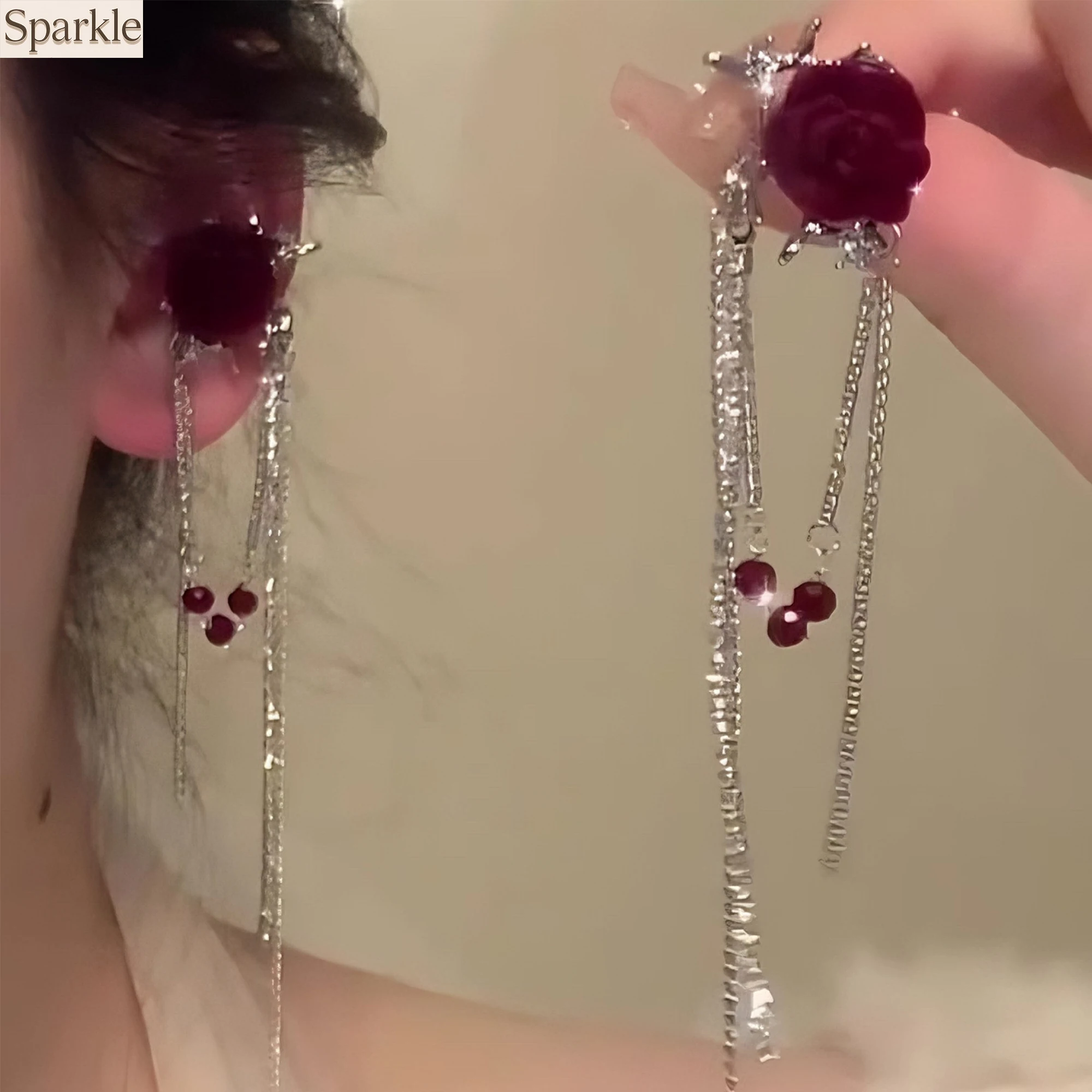

Burgundy Velvet Rose Ear Bone Clip Fringed Long Fashionable Sweet Flower Pierless Niche Accessory