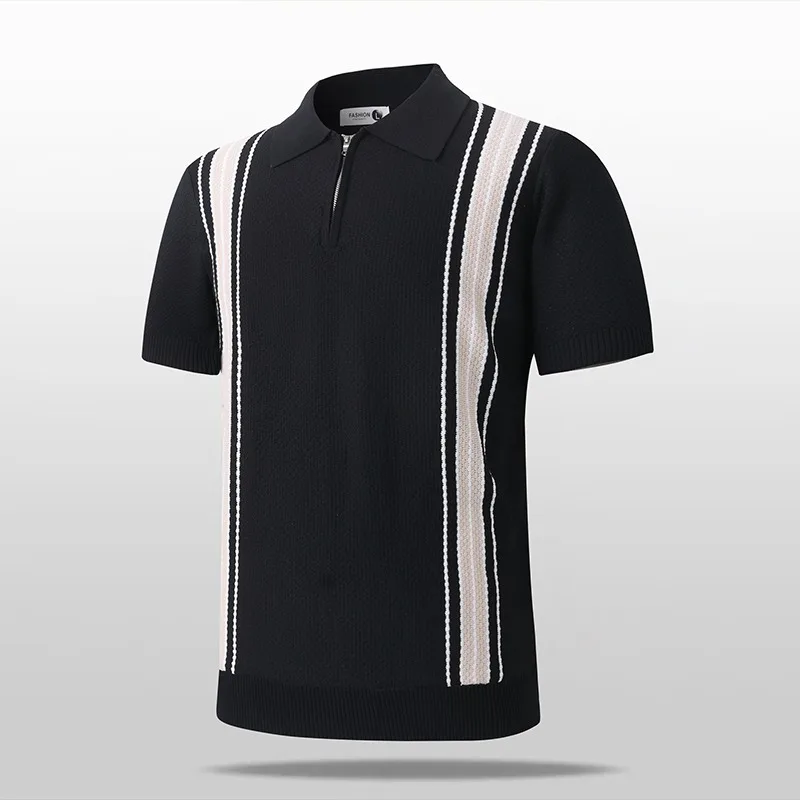 

Men's Ice Silk Polo Shirt Half Zip Short Sleeve Pineapple Grid Jacquard Stripe Lapel Knitted Casual Top S-XXL