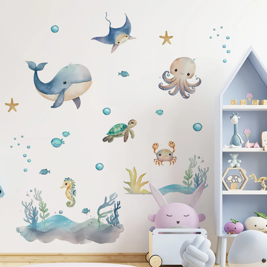 Watercolor Cartoon Cute Marine Animals Whale Turtle Wall Sticker Vinyl Nursery Print Kids Boys Girls Room Wall Decal Home Decor