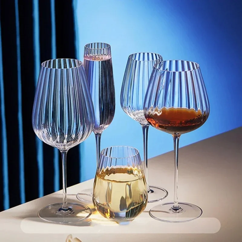 Modern Long Stem Glassware Gifts for Wine Tasting Hand-Blown Crystal Red and White Wine Glasses,Clear Ribbed Stemmed Glasses,