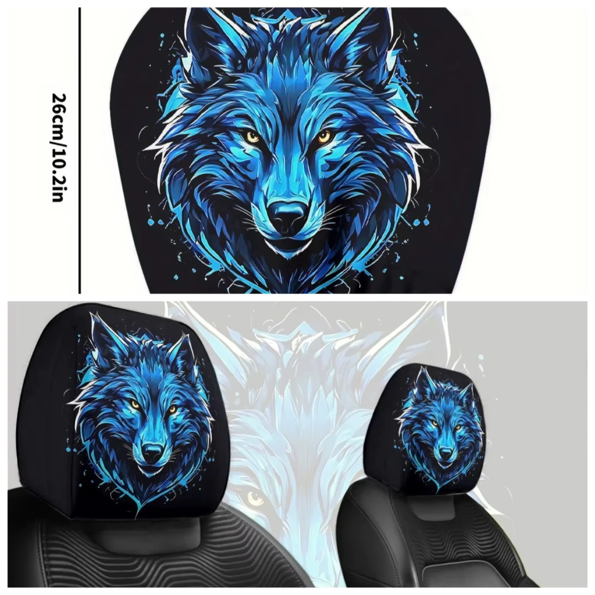 Night Wolf Pattern Breathable Car Headrest Cover 2pcs Perfect Gift for Boyfriend Lover Interior Car Accessory