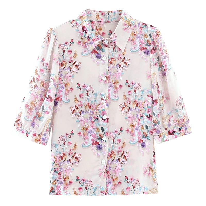 Korean Fashion Silk Chiffon Blouse Shirt Turn Down Collar Summer Clothing Single-breasted 3/4 Sleeve Women Floral Printed Tops