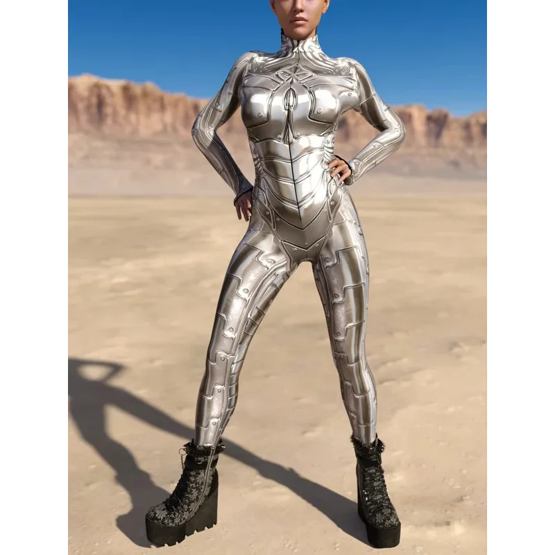 Women Sexy Mechanical CyberPunk Jumpsuit Catsuit Zipper Bodysuit Halloween Game Party Costume Female Cosplay Zentai Outfit
