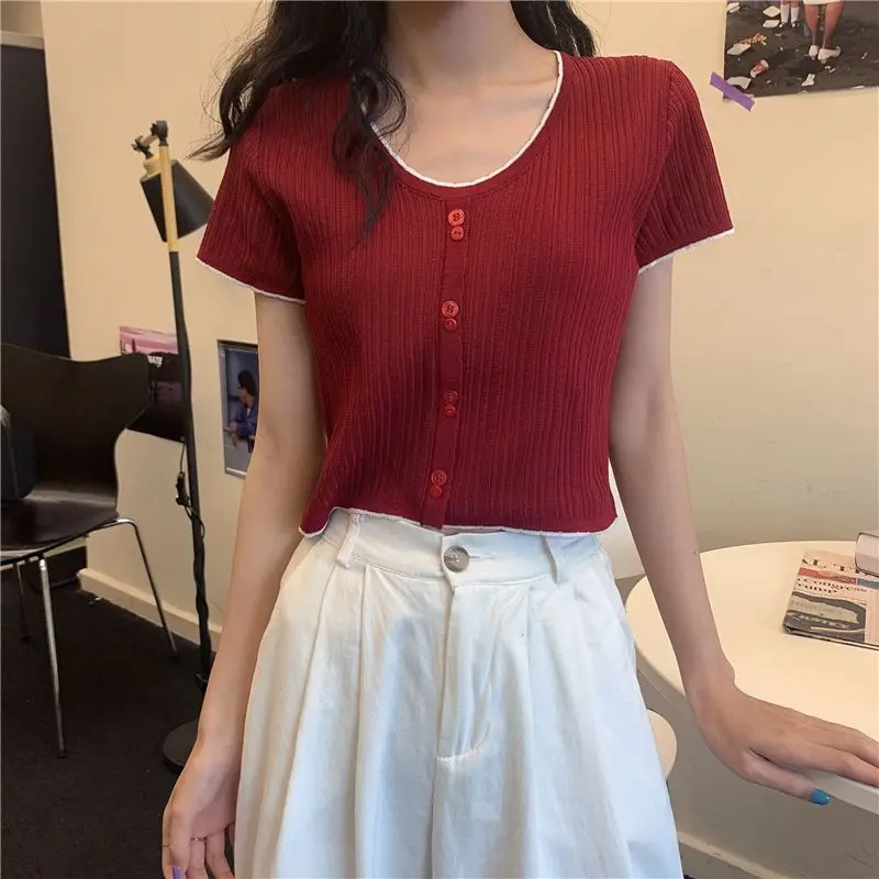 Ice Silk Button Korean Loose Tops Tees Summer New Short Sleeve Solid Short Casual T Shirts Sweet Fashion Trend Women Clothing