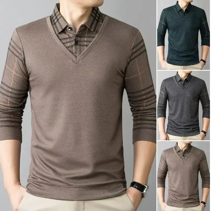 Men's Lapel Top Long Sleeve Shirt Faux Two-Piece Warm Top Base Layer Business Casual Fleece Thickening Dress Polo Shirts