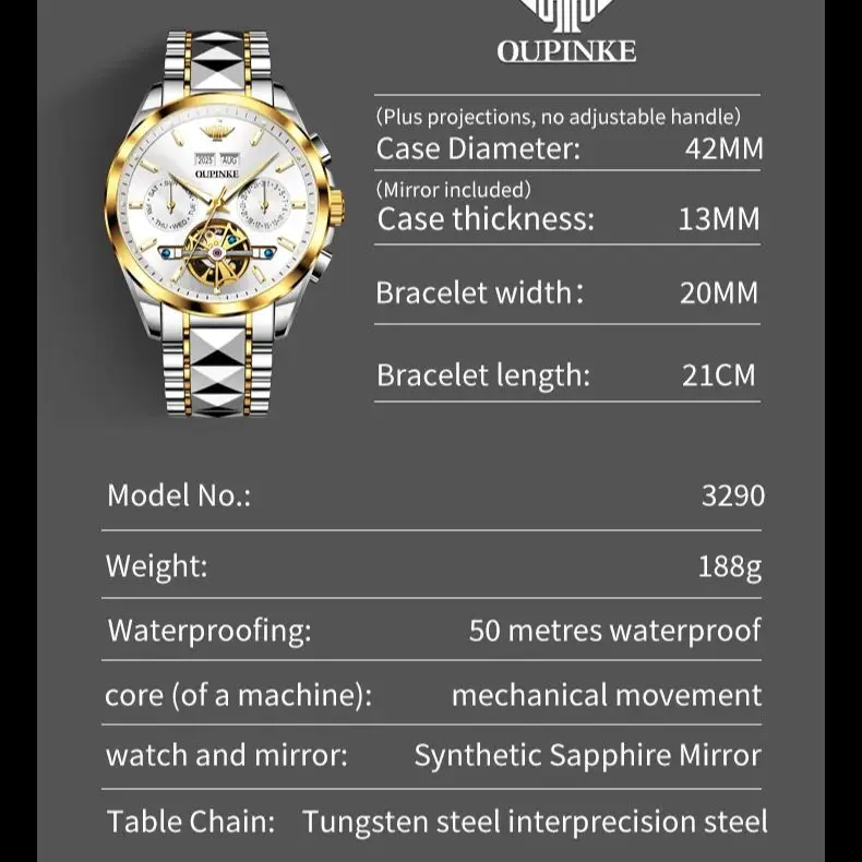 OUPINKE 3290 ساعة رجالية ميكانيكية أصلية تاريخ الطلب الفرعي العلامة التجارية الفاخرة التلقائي لف حركة الساعات للرجال #6