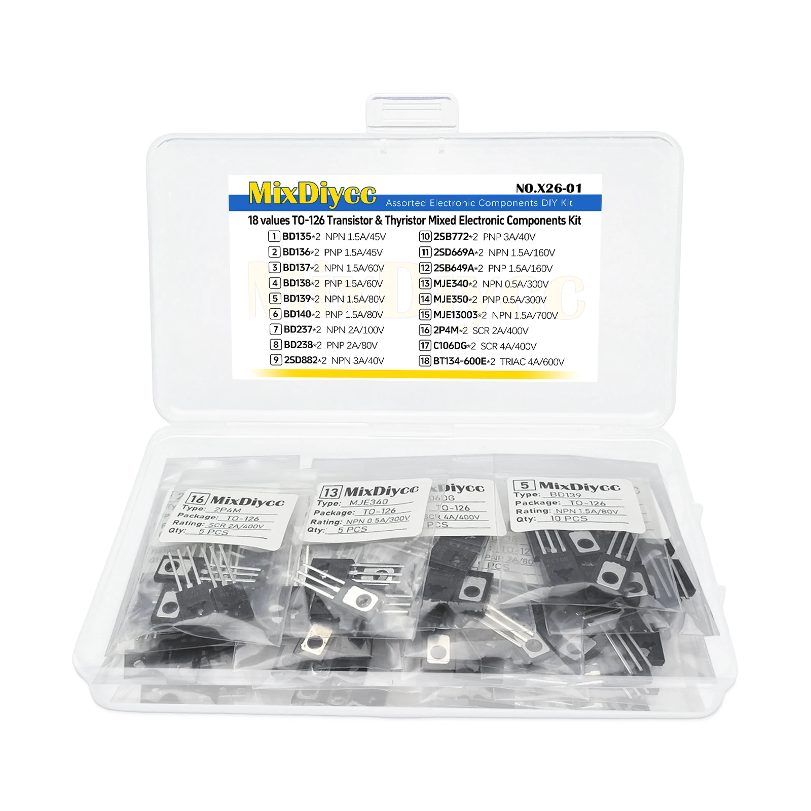 18 Values TO-126 Transistor Thyristor Kit BD137 BD139 BD140 BD237 BD238 2SD882 2SB772 MJE340 MJE350 MJE13003 2P4M C106DG 120 Pcs